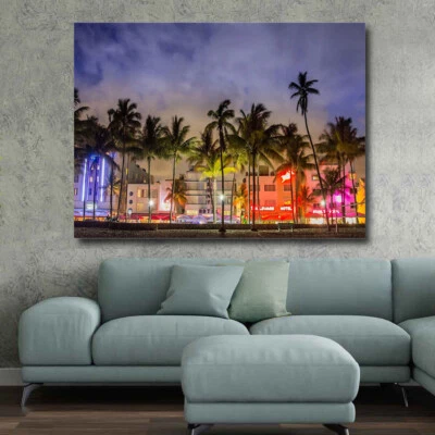 Miami Beach Night Florida - CANVAS OR PRINT WALL ART - Image 1 of 3