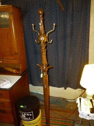 Antique Oak Clothes tree Hall tree Brass hooks revolving 1900's refinished Cover