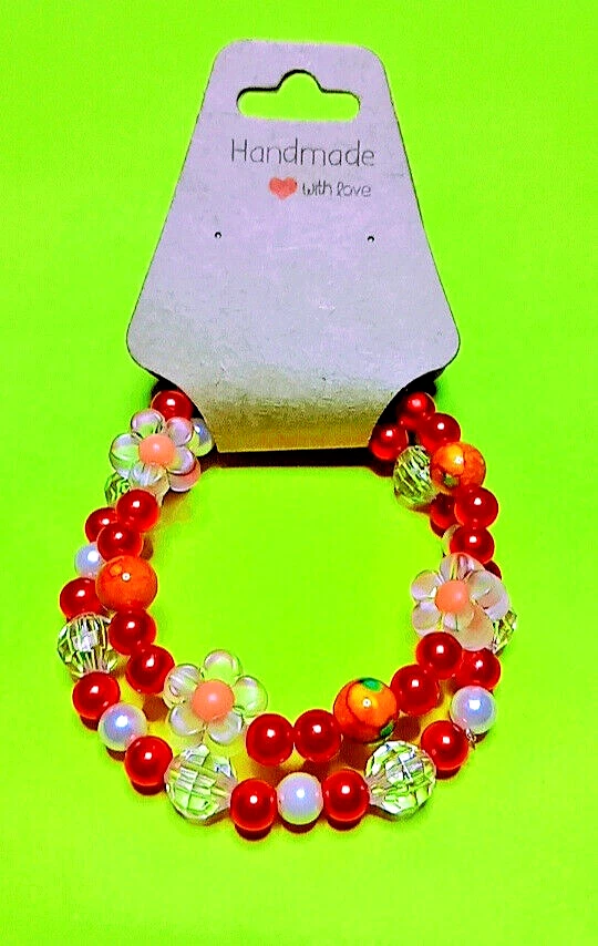 Pulsera naranja iridiscente con dijes de flores naranjas! Muñeca Talla 6! ¡Juego de 2 piezas! Foto 1 de 1
