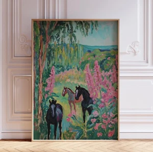 Colorful Pink and Blue Watercolor Western Cowgirl Horse Wall Art Print Poster - Picture 1 of 5