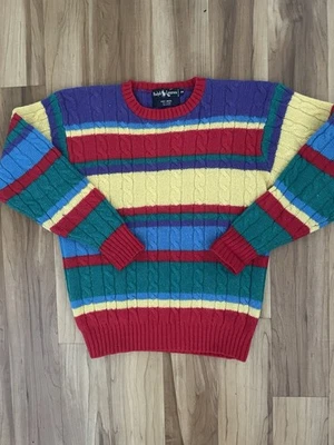 复古 80 年代 Ralph Lauren 羊毛电缆结毛衣彩虹条纹女式 M 码 — 第 1/4 张图片