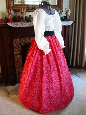 Civil War, Victorian, Trek, Western, Pioneer Dress Lovely White Vines on Red - Image 1 of 4