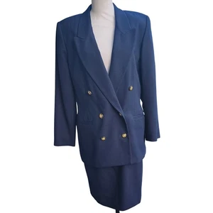 VTG Stevens 100% Wool Navy Blue Skirt Set Gold Button Size 12 FITS More of 10 - Picture 1 of 10
