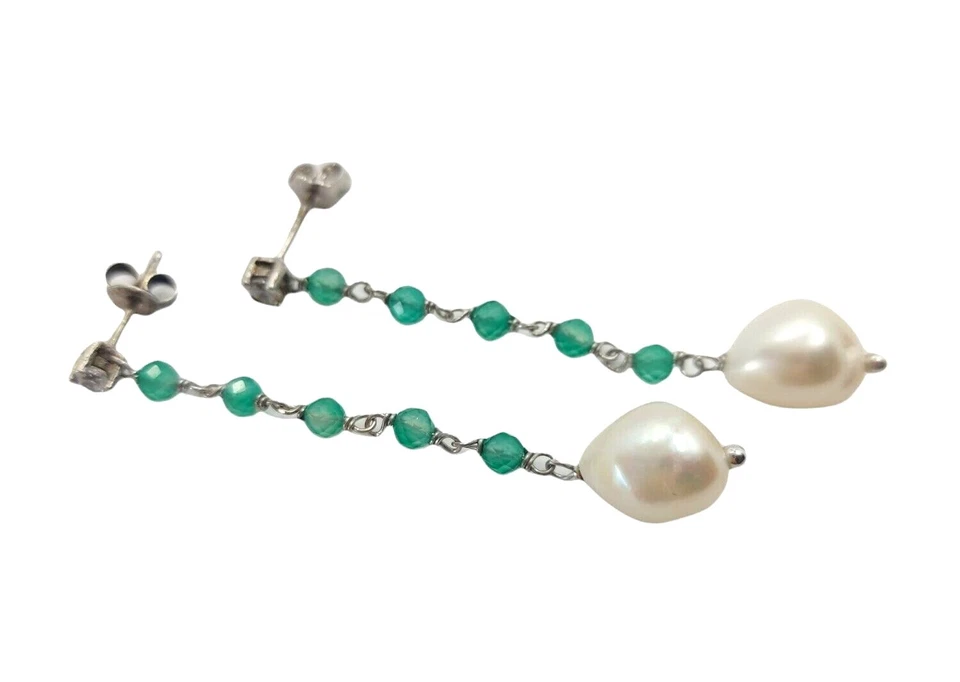  ORECCHINI PENDENTI IN ARGENTO 925 CON CUBIC ZIRCONIA CALCEDONIO PERLE BAROCCHE - Immagine 1 di 1