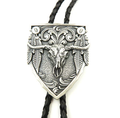 Silver Plated Longhorn Bull Western Cowboy Rodeo Leather Neck Bolo Tie - Image 1 of 3