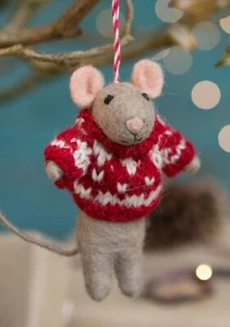 Fairtrade Handmade Felt Hanging Mouse in Red Knitted Jumper - Picture 1 of 2