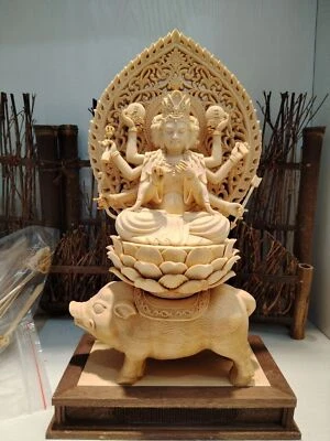 Estatua de cerdo Kwan-yin tallada a mano de madera de boj chino Huang Yang黄杨木.摩利支天61674 Foto 1 de 4