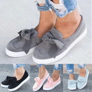 Women Flat Slip On Pumps Trainers Ladies Bow Casual Loafers Plimsolls Shoes Size - Picture 1 of 15