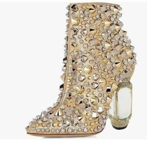 FSJ Women Chic Pointed Toe Crystal Chunky Block High Heel Ankle Boots Gold - Picture 1 of 7