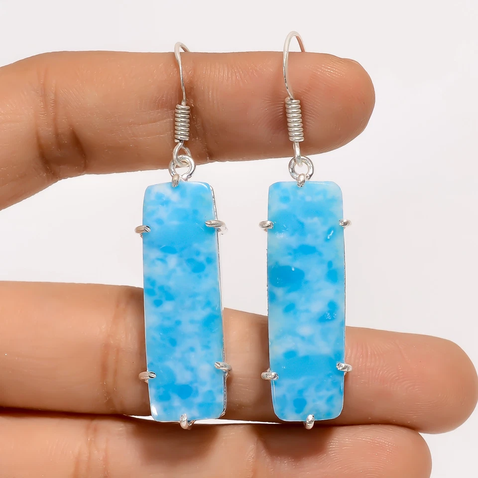 Pendientes colgantes hechos a mano de plata 925 con piedras preciosas Larimar creados en laboratorio 2" ARE-4172 Foto 1 de 1