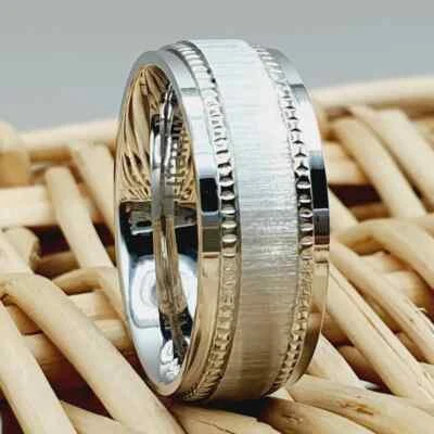 Men's Titanium Wedding Band – Satin Finish Center with Milgrain Step Edge Ring - Image 1 of 4
