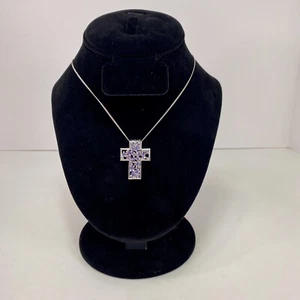 Platinum Overlay Sterling Silver Tanzanite Cross Pendant Necklace 18” Chain - Picture 1 of 8