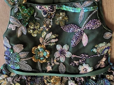 RARE EDITIONS Girls 4T Emerald Green Beaded Flowers Bow Special Holiday Dress - Image 1 of 4