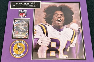 Alfombrilla fotográfica NFL VIKINGS RANDY MOSS, ENMARCADA con PLACA DE IDENTIFICACIÓN, TARJETA Y PARCHES Foto 1 de 4