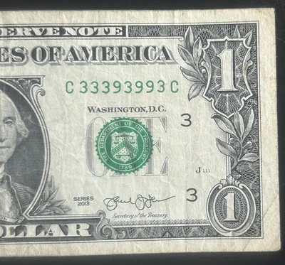 (BINARY!) $1 Binary Rare Fancy Serial Number C33393993C Series 2013 - Image 1 of 3