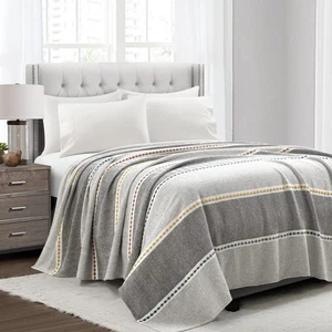 Herringbone Stripe Yarn Dyed Cotton Woven Throw Blanket, 108" W x 92" L, Blac... - Picture 1 of 4