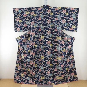 Kimono Navy Crepe with Floral & Water Pattern, Ladies, Used - Afbeelding 1 van 12