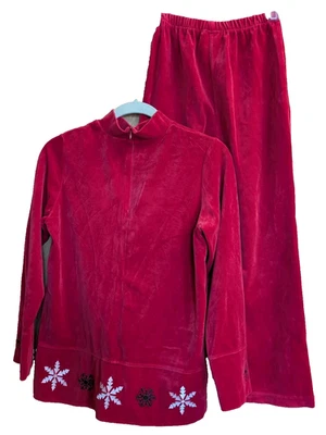 Hanna Andersson 女孩 10-12 红色丝绒裤子/上衣套装刺绣雪花假日 — 第 1/4 张图片