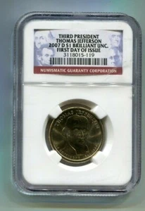 2007-D Thomas Jefferson Presidential $1 NGC Brilliant UNC First Day of Issue  - Picture 1 of 2