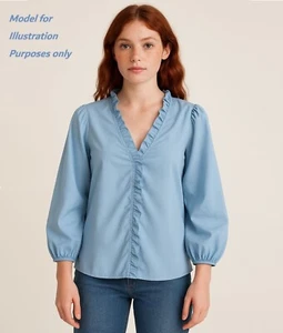 Blue Ruffled V Neck Blouse Womens XL Puff Sleeves Soft Girl Light Academia Offic - Picture 1 of 9