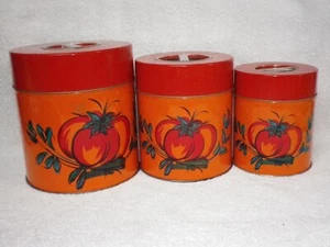 3 Vintage Blechkanister Set orange rote Tomaten Sammlerstück Retro Film TV Requisiten - Bild 1 von 15