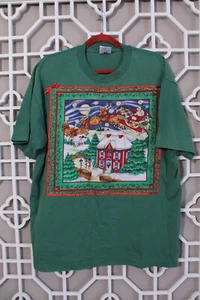 Camiseta de Navidad vintage para hombre L verde puntada única cinta de Santa bordada 90 - Imagen 1 de 15