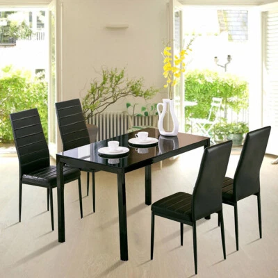 High Gloss Black Glass Dining Table Set and 4 Faux Leather Chairs Kitchen Dinner - Image 1 of 4