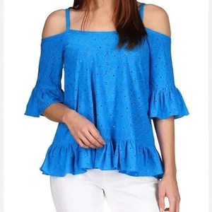MICHAEL KORS BLUE EMBROIDERED ROUCHE TOP 1X - Picture 1 of 3