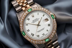 Rolex Datejust 36 mm Watch White Roman Dial with Emerald & Diamond - Picture 1 of 7