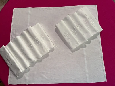 12 serviettes de table anciennes en fil de coton monos AN liteaux blancs  T175 - Photo 1/4