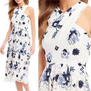 Tahari White Blue Floral Lace Sleeveless Long Formal Spring Dress Size 8