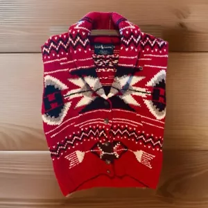 RALPH LAUREN Shawl Collar Southwestern Native Blanket Hand Knit Red Sweater - Picture 1 of 3