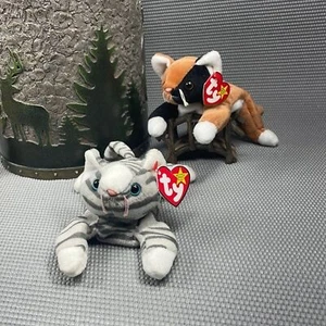 TY Beanie Babys Katzen beide guter Zustand haben Etikett 2 Stück grau schwarz braun - Bild 1 von 4