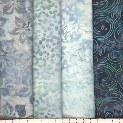 Lot of (4) 1 Yard Cuts 100% Cotton Quilting Batik Fabric Blue Grey Green 639B - Image 1 of 2