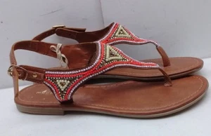 Steve Madden Women 8M Brown Leather Beaded Back strap Thong Sandals Casual Shoes - Picture 1 of 8