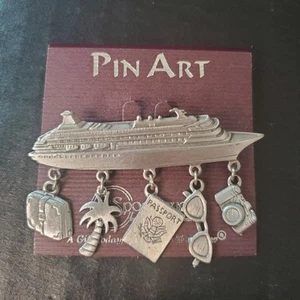 Spoontiques Cruise Ship 2.5" Brooch Lapel Hat Travel Pin With Dangle Charms J.J. - Picture 1 of 5