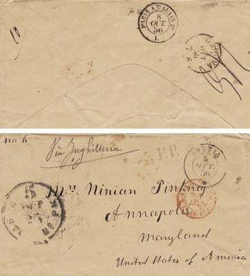 MTM356 1856 TRANSATLANTIC 2 RATE COVER FROM KINGDOM OF SARDINIA TO USA ST.ARABIA - Image 1 of 2