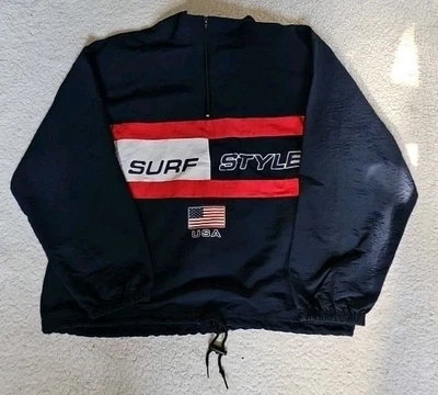 Vintage Surf Style Windbreaker Jacket M/L Quarter Zip USA Nylon Red Blue - Image 1 of 4