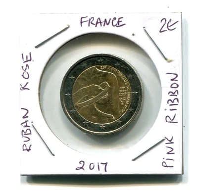 2017 年法国 2 欧元硬币乳腺癌粉红色丝带 25 周年鲁本玫瑰 — 第 1/2 张图片