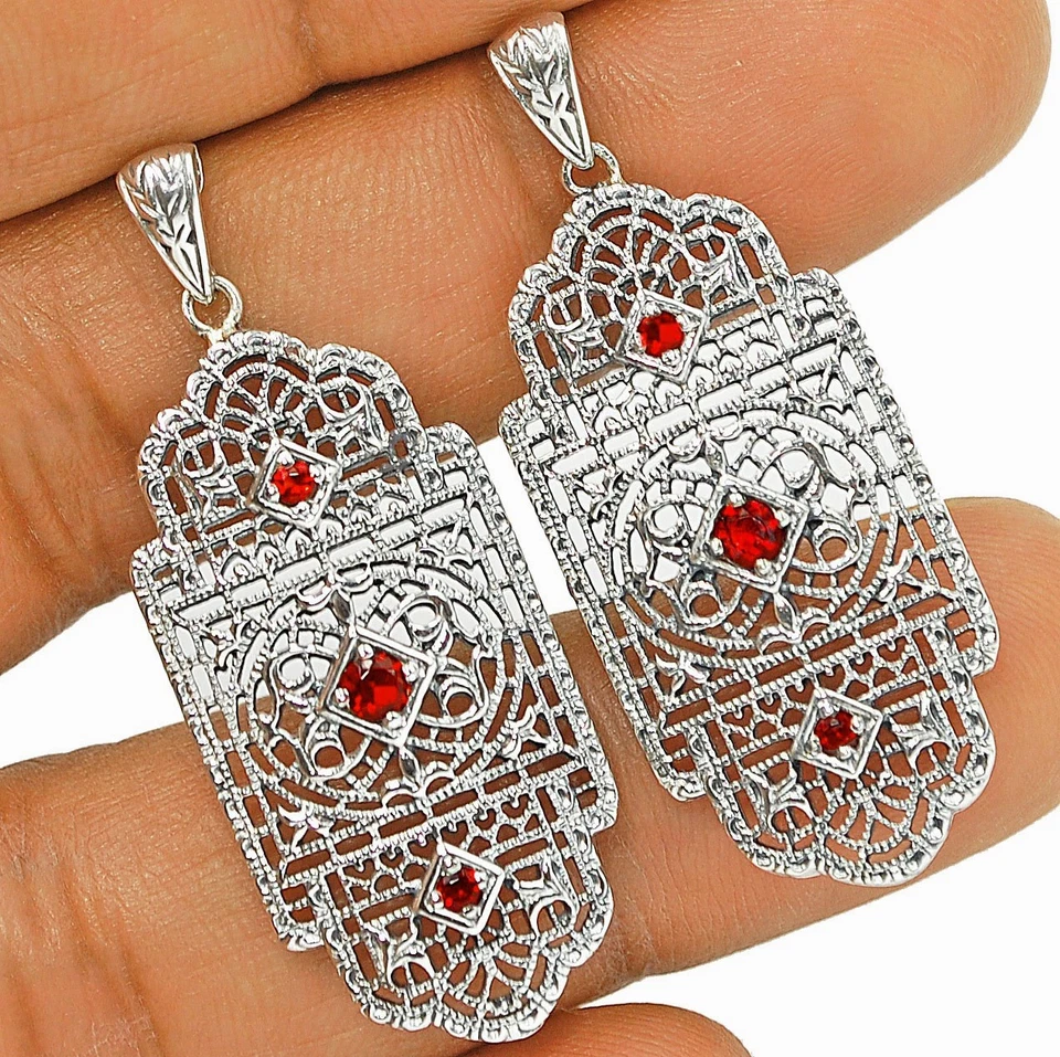 1CT Natural Fire Garnet 925 Sterling Silver Art Deco Earrings Jewelry NU1-3 - Image 1 of 1