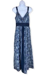 Casual Living Sundress M Lined 100% Cotton Sequin Embellished Blue Floral Maxi - Picture 1 of 9