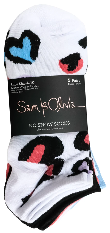 Paquete de 6 pares de calcetines Sam & Olivia No Show para mujer talla 4-10 corazones coloridos Foto 1 de 4