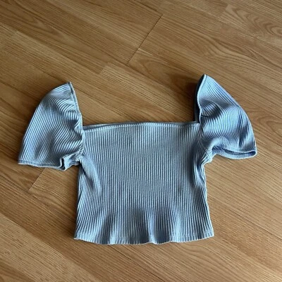 H&M Light Blue Ribbed Puff Sleeve Cropped Blouse Medium - Image 1 of 4
