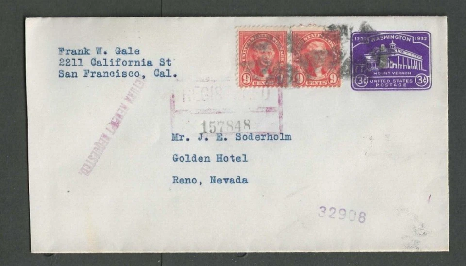 1933 Pr #641 Orange Red Shade Pays W/3c Edntire The 21c Registry Rate W/Return-- - Image 1 of 1