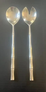 Silver Tone Bamboo Handle Salad Tosser Serving Spoon Fork Flatware Set Italy 12" - Picture 1 of 4