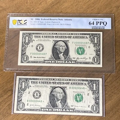 2 $1 2006 & 2017 Matching Low Serial Numbers Federal Reserve Bank Notes 00000448 - Image 1 of 4