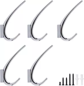 5 Pack Modern Double Prong Coat Hook Wall Hooks Polished Aluminum - Picture 1 of 7