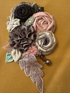 Elegant Millinery Corsage Embellishment Ribbon Rose Tan Mauve Rhinestone 4x5” - Picture 1 of 5