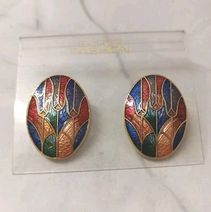 Oval Gold Tone Cloisonne Enamel Flower Vintage Earrings 3x2cm VGC - Picture 1 of 2