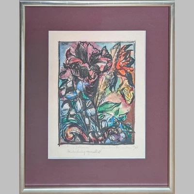 Hermann Naumann Blumen handübermnalte Lithografie Aquarell handsigniert - Bild 1 von 2